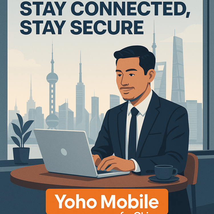 A business traveler using a Yoho Mobile eSIM for secure internet access in China.