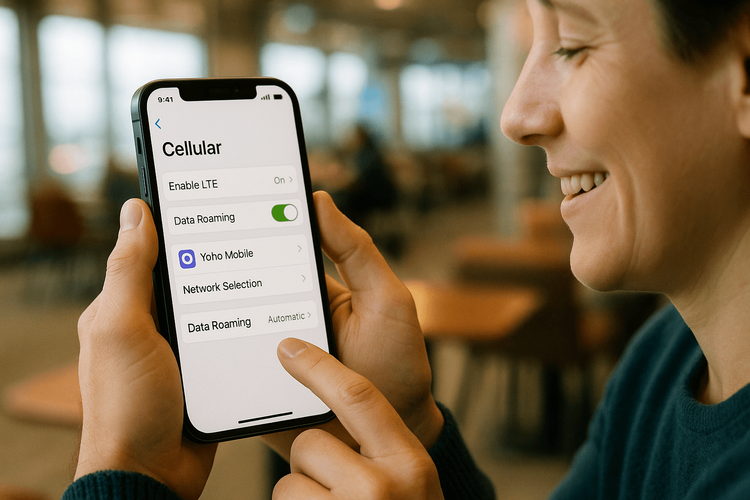 A traveler enabling the Data Roaming setting on their smartphone to fix their eSIM internet connection.