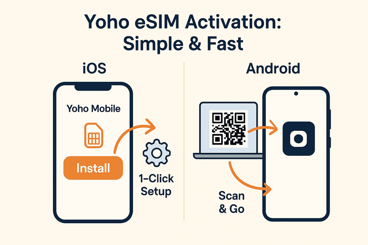 Diagram comparing the simple one-click eSIM installation on iOS with the QR code scan method on Android.