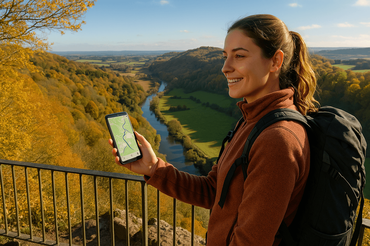 A hiker using a smartphone with a map app to navigate in the Wye Valley, showcasing the benefit of a reliable eSIM.