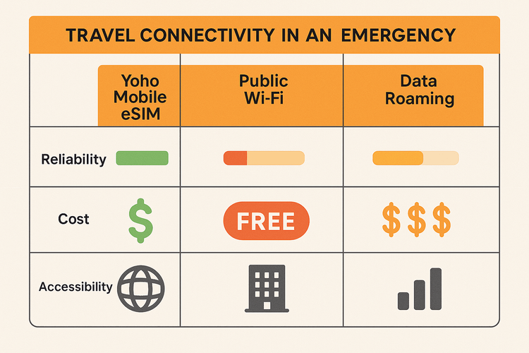 An infographic comparing the reliability, cost, and accessibility of Yoho Mobile eSIM, Public Wi-Fi, and Data Roaming for travelers.