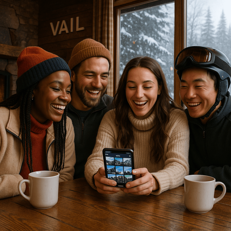 Friends sharing photos on a smartphone in a Vail ski lodge, connected with a Yoho Mobile eSIM.