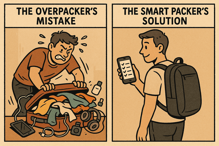A comparison showing the mistake of overpacking for Europe versus packing light and smart.