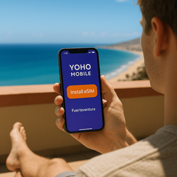 A person easily installing a Yoho Mobile eSIM on their iPhone with a single tap, with the beautiful Fuerteventura coast in the background.
