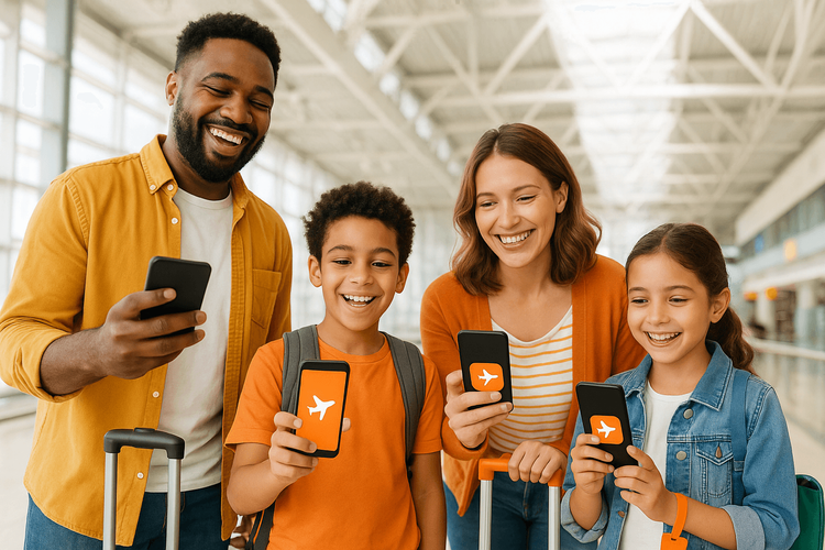 A happy family at the airport easily stays connected using Yoho Mobile eSIMs for their international travel.