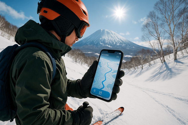 A skier in Hokkaido using a Yoho Mobile eSIM on their phone for navigation on the slopes.