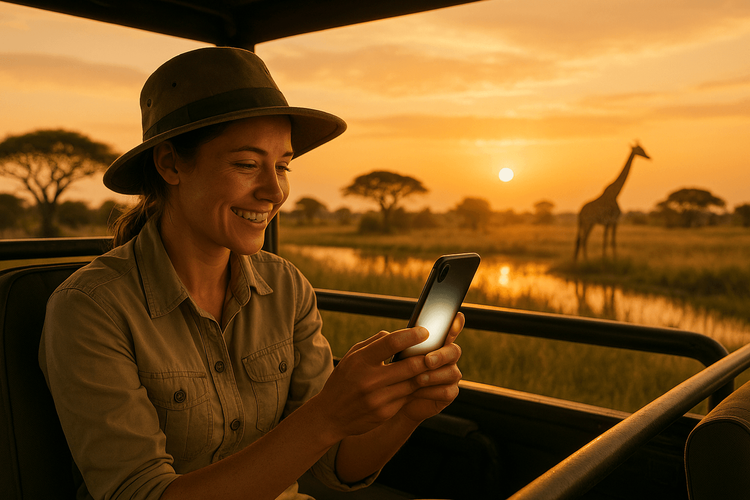 A traveler uses her Yoho Mobile eSIM on her phone while on a beautiful sunset safari in the Okavango Delta, Botswana.
