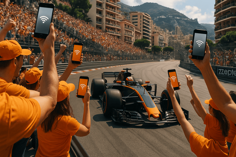 Excited fans at the Monaco Grand Prix using their phones with a stable connection to capture an F1 car speeding past.