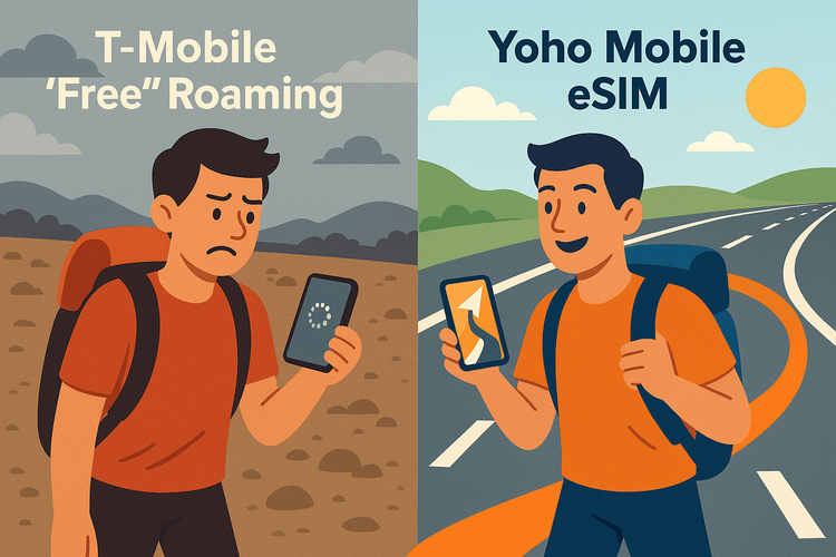 Yoho eSIM proti gostovanju T-Mobile (2025): Hitri podatki namesto 'brezplačnih'?