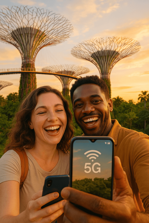 A couple using their phone with a Yoho Mobile eSIM for navigation at Gardens by the Bay, Singapore.