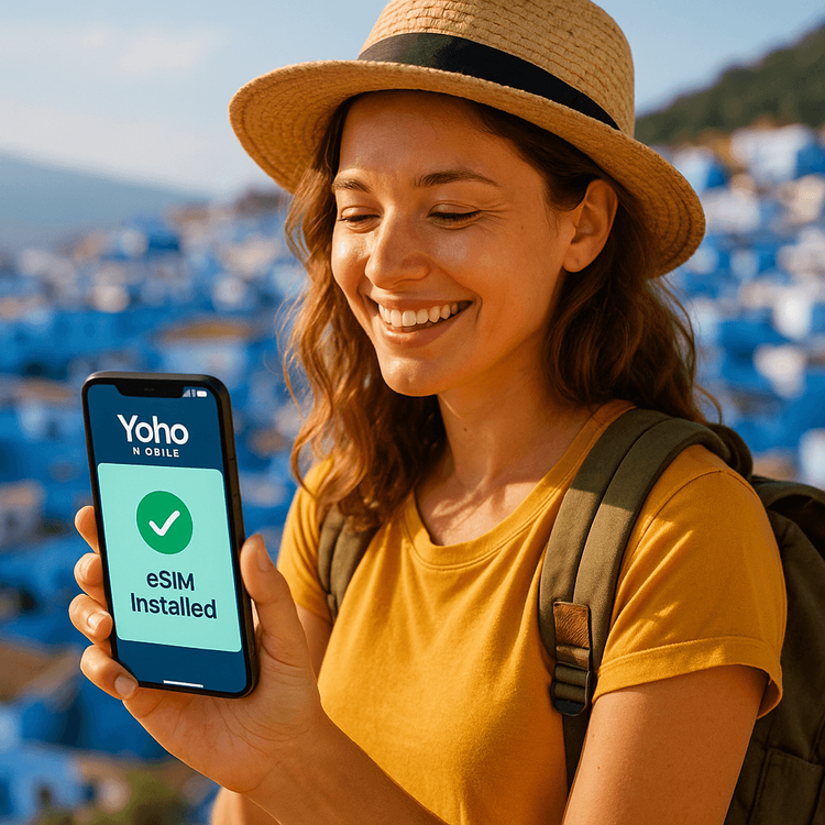 A happy traveler easily installing her Yoho Mobile eSIM on her phone with the blue city of Chefchaouen in the background.