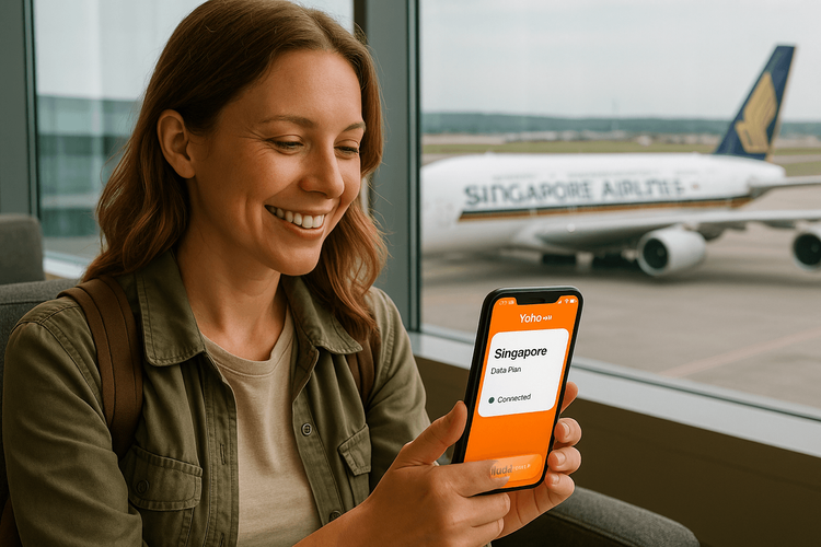 A traveler using a Yoho Mobile eSIM for Singapore before her Singapore Airlines flight.