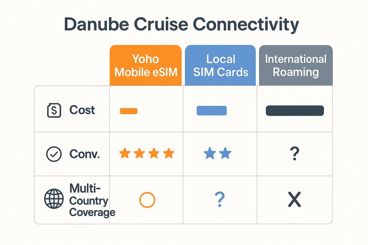 An infographic comparing the cost, convenience, and coverage of Yoho Mobile eSIM vs. local SIM cards and international roaming for a Danube cruise.