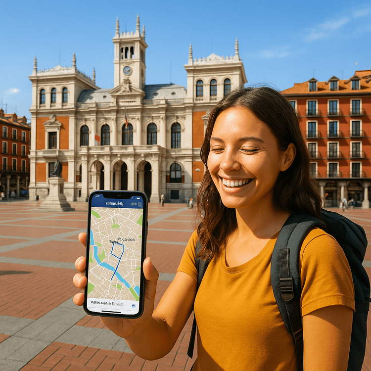 A traveler using her Yoho Mobile eSIM for navigation in Valladolid's Plaza Mayor.