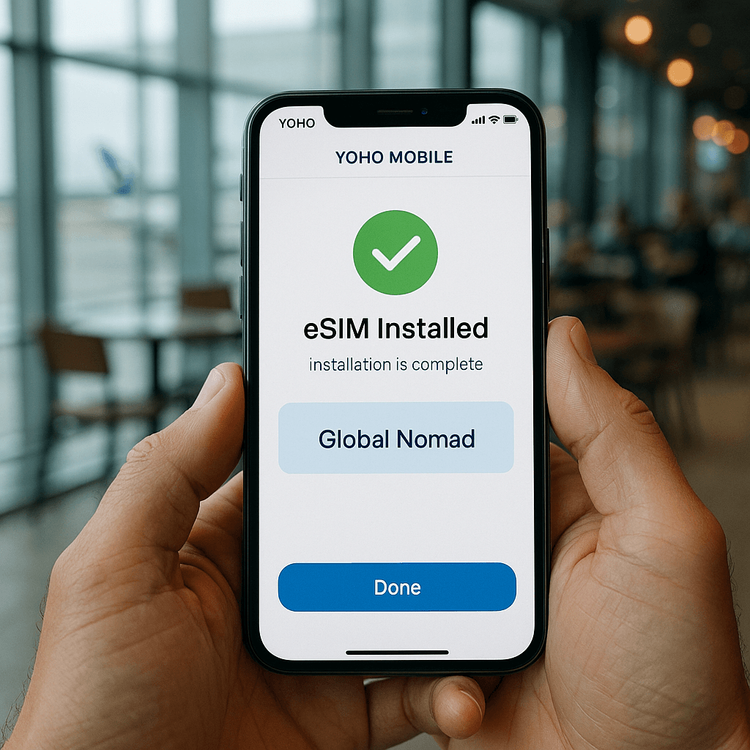 A traveler holding a smartphone showing the Yoho Mobile app after successfully installing a global eSIM plan.