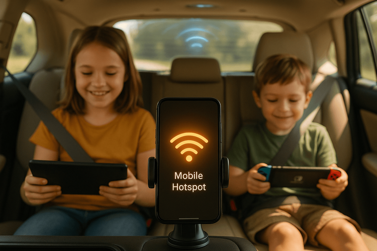 A family enjoying a connected road trip, with children using devices powered by a parent's Yoho Mobile eSIM hotspot.