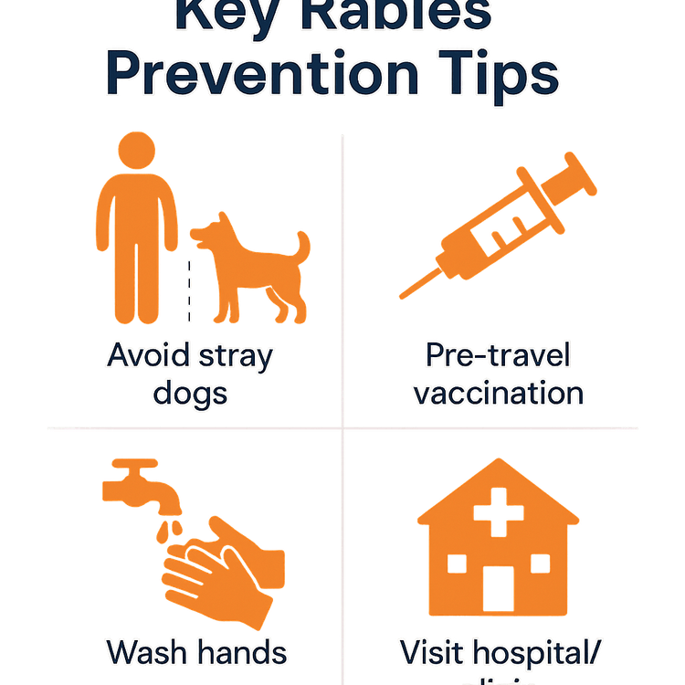 An infographic showing four key tips for rabies prevention for travelers in Thailand.