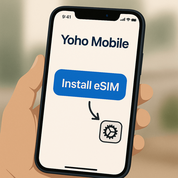 Illustration showing the simple one-click eSIM installation process for iOS users with the Yoho Mobile app.