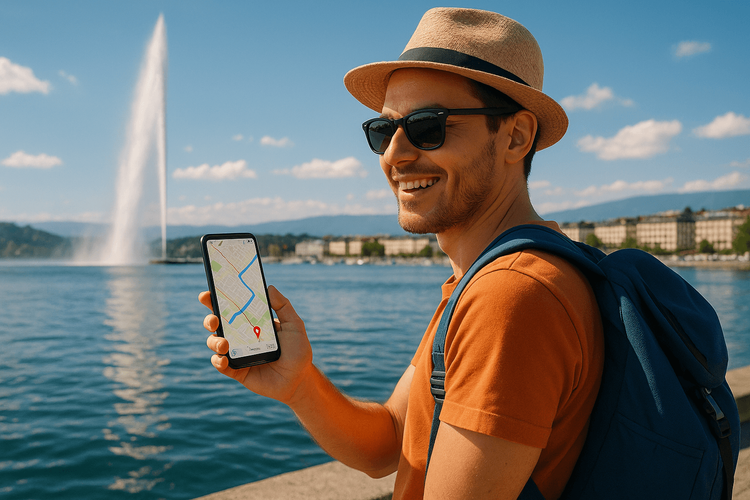 一位游客正在使用带有 Yoho Mobile 数据套餐的手机在瑞士日内瓦湖周围导航。