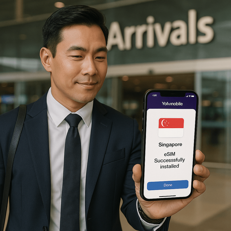 A business traveler activating a Yoho Mobile eSIM for Singapore at Changi Airport.