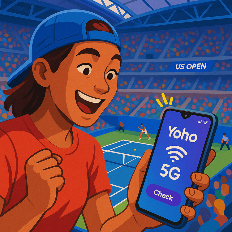 A tennis fan enjoying a strong Yoho Mobile eSIM connection at the US Open.