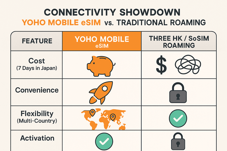 A comparison chart showing the advantages of Yoho Mobile eSIM over Three HK roaming in terms of cost, convenience, and flexibility for Hong Kong travelers.