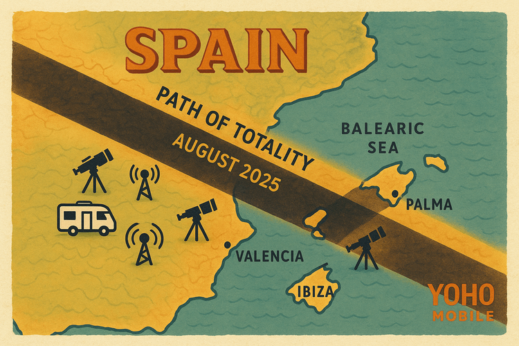 Map illustrating the 2025 solar eclipse path over Spain, a prime viewing location for astro-tourists.