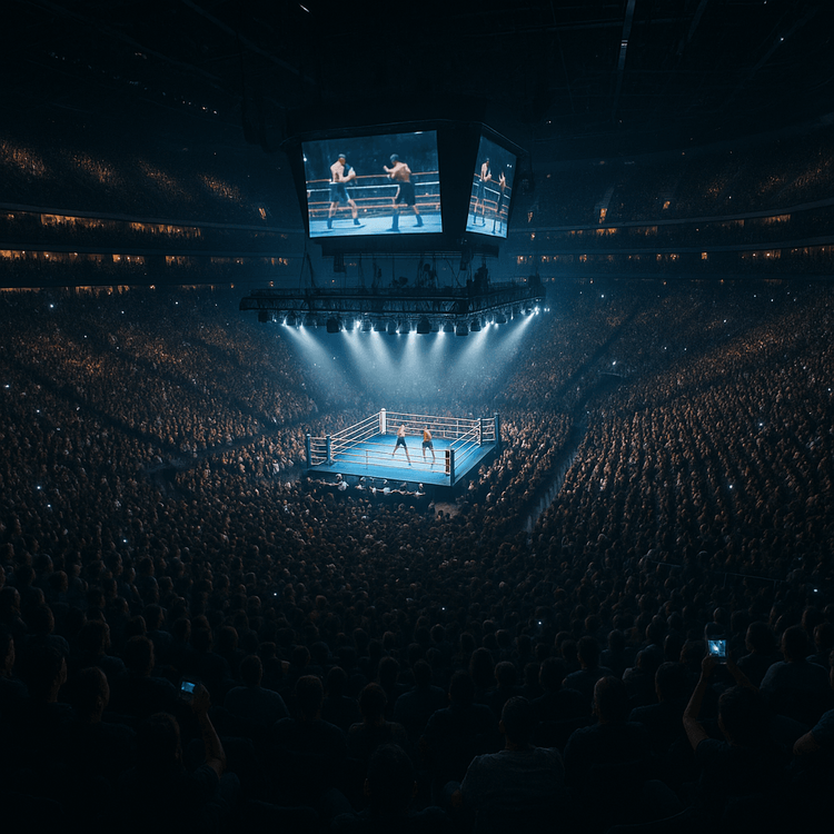 View of a brightly lit boxing ring from the stands of a packed Las Vegas arena before a major fight.