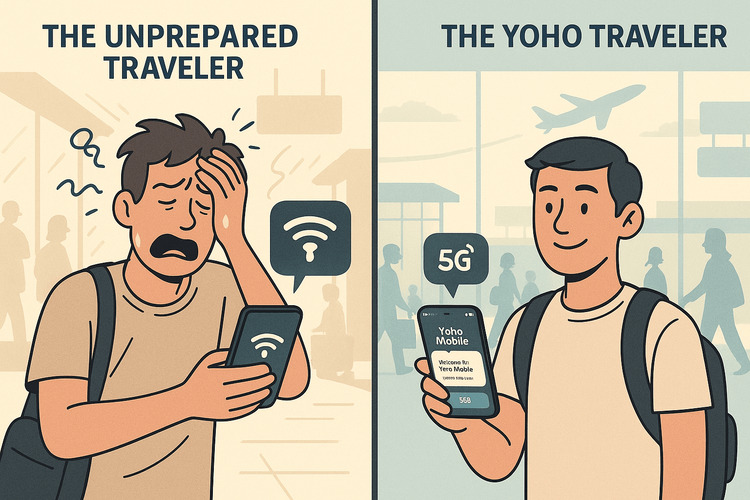 A comparison showing a stressed traveler with bad Wi-Fi versus a calm traveler using a Yoho Mobile eSIM.