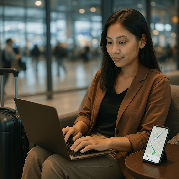 A traveler staying productive and connected in an airport lounge using her phone and laptop.