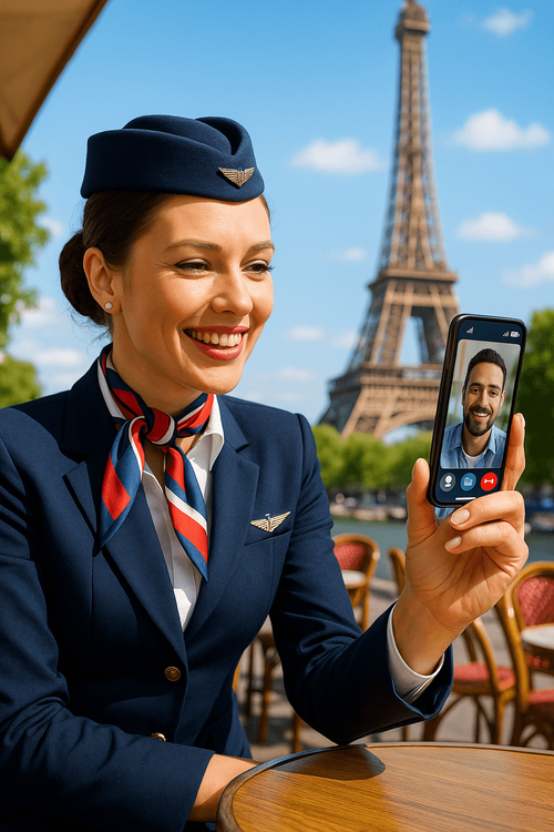 A flight attendant enjoying a hassle-free video call on her layover in Paris using a Yoho Mobile eSIM.