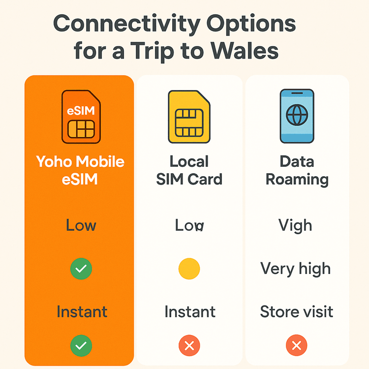 Infographic comparing the cost and convenience of Yoho Mobile eSIM, local SIM cards, and data roaming for travel in Wales.