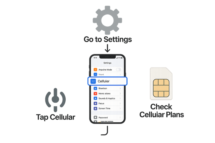 Infographic showing the steps to find eSIM settings on an iPhone: Settings > Cellular > Cellular Plans.