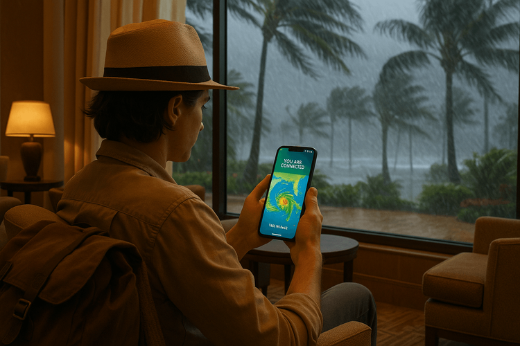 A traveler stays safely connected with a Yoho Mobile eSIM on their phone during a Caribbean hurricane.