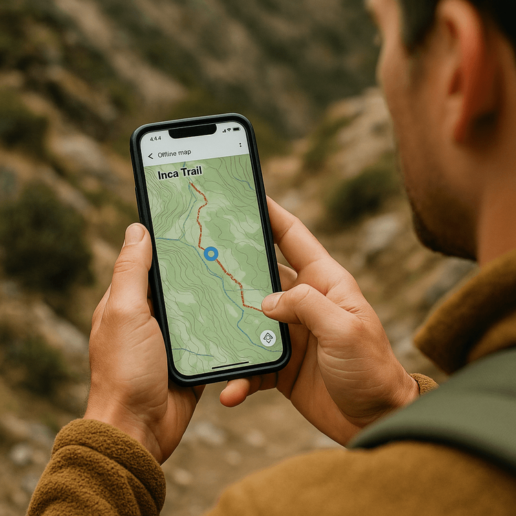 Hiker using an offline GPS map on their smartphone on the Inca Trail.