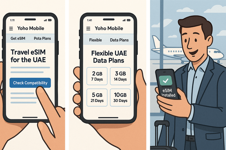 A 3-step visual guide on how to get a Yoho Mobile eSIM: check compatibility, choose a plan, and install.