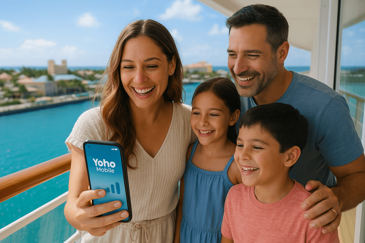 A family happily using a Yoho Mobile eSIM on their phone during a Disney cruise port day in the Caribbean.