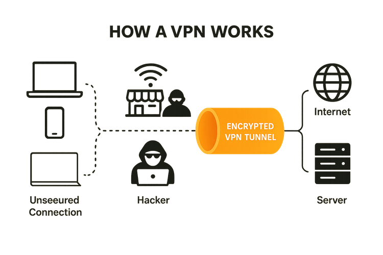 Diagram explaining how a VPN creates a secure, encrypted tunnel for internet traffic to protect users on public Wi-Fi.
