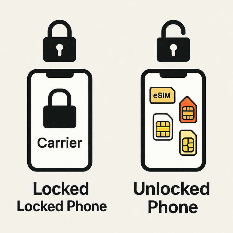 Diagram comparing a carrier-locked phone that only works with one provider versus an unlocked phone compatible with any eSIM.