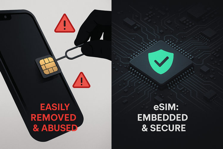 Diagram comparing the physical vulnerability of a removable SIM card to the integrated security of an embedded eSIM chip.