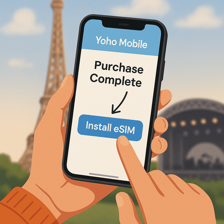 Illustration of a user easily installing a Yoho Mobile eSIM on their iPhone with the Eiffel Tower in the background, ready for their concert trip.