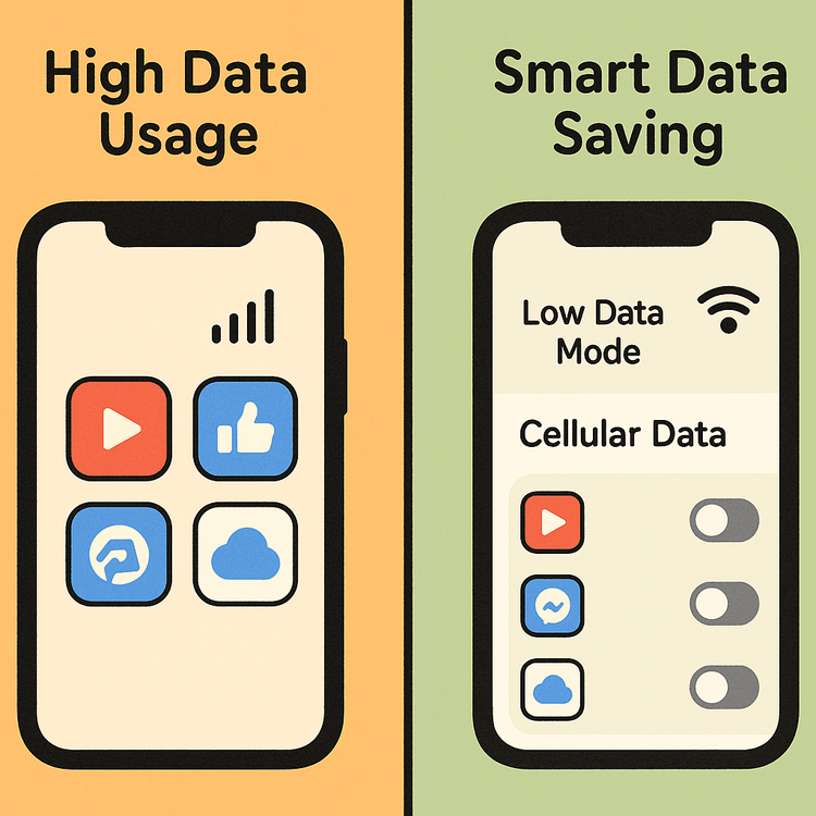 A comparison showing how to save mobile data by enabling low data mode and managing app settings.