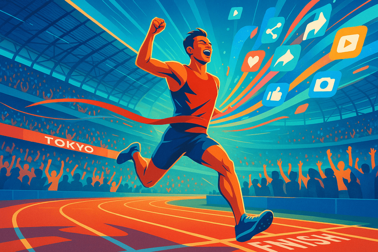 Runner crossing finish line at World Athletics Championships in Tokyo with digital connectivity symbols.