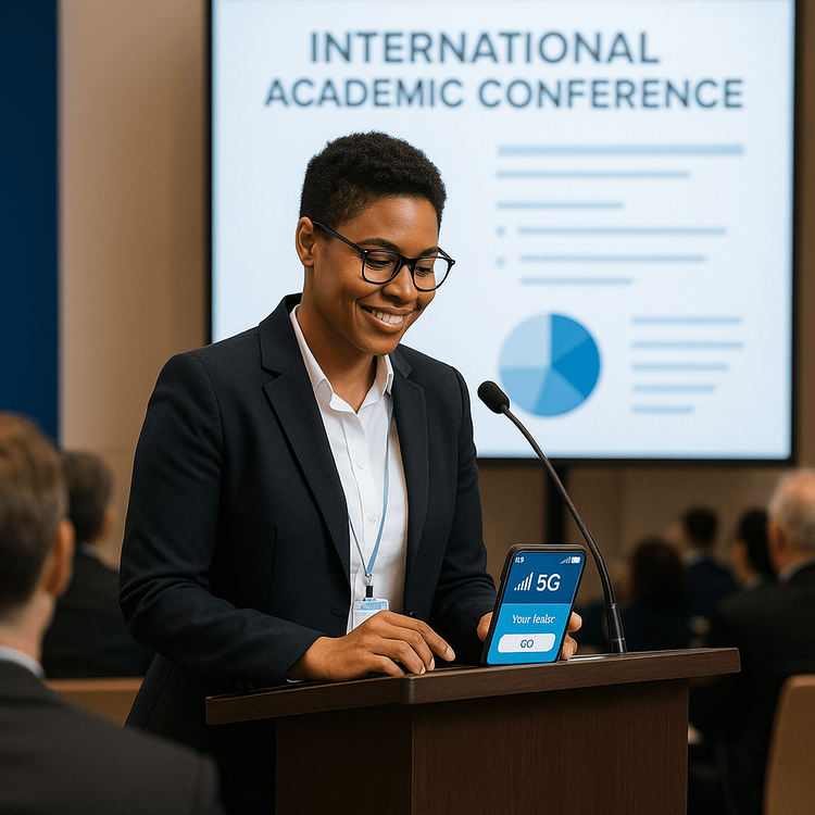 An academic presenting confidently at a conference, with their smartphone showing a stable Yoho Mobile eSIM connection.