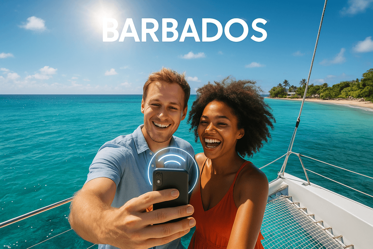 A happy couple enjoying their Caribbean vacation in Barbados, staying connected with a Yoho Mobile eSIM.