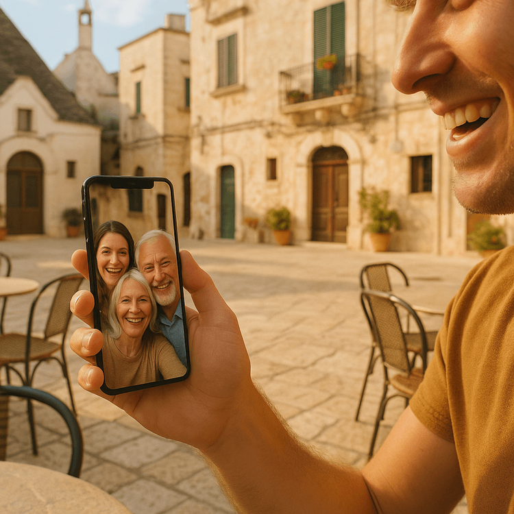 A person happily video calling family from a cafe in Puglia, Italy, using a reliable Yoho Mobile eSIM data plan.