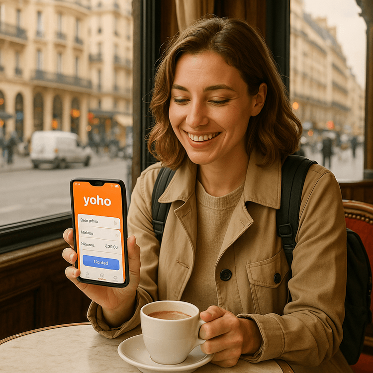 A traveler easily using her Yoho Mobile eSIM in a Parisian cafe, avoiding travel stress.