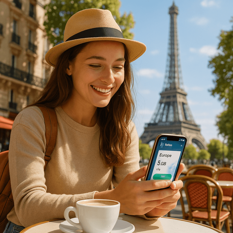 A happy traveler using her Yoho Mobile eSIM data plan on her smartphone at a cafe in Paris.
