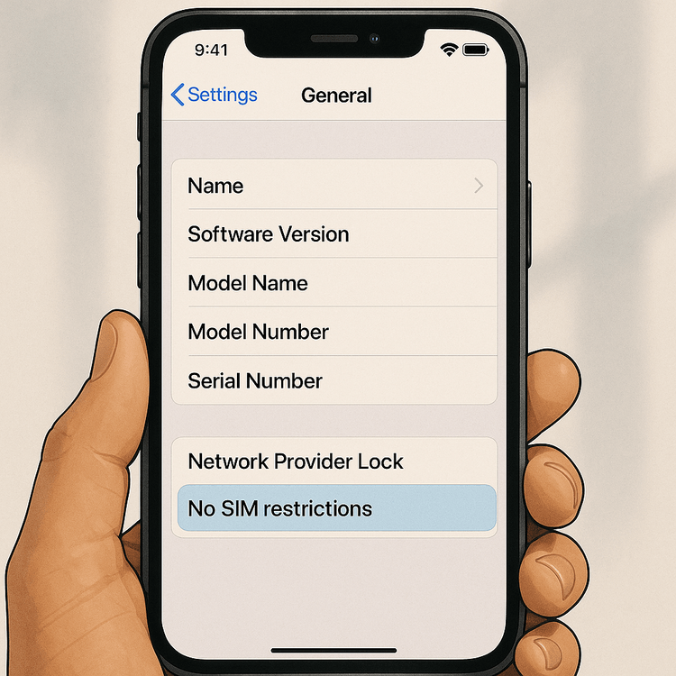 An iPhone settings screen showing the 'No SIM restrictions' message, which confirms the device is unlocked for any carrier's eSIM.