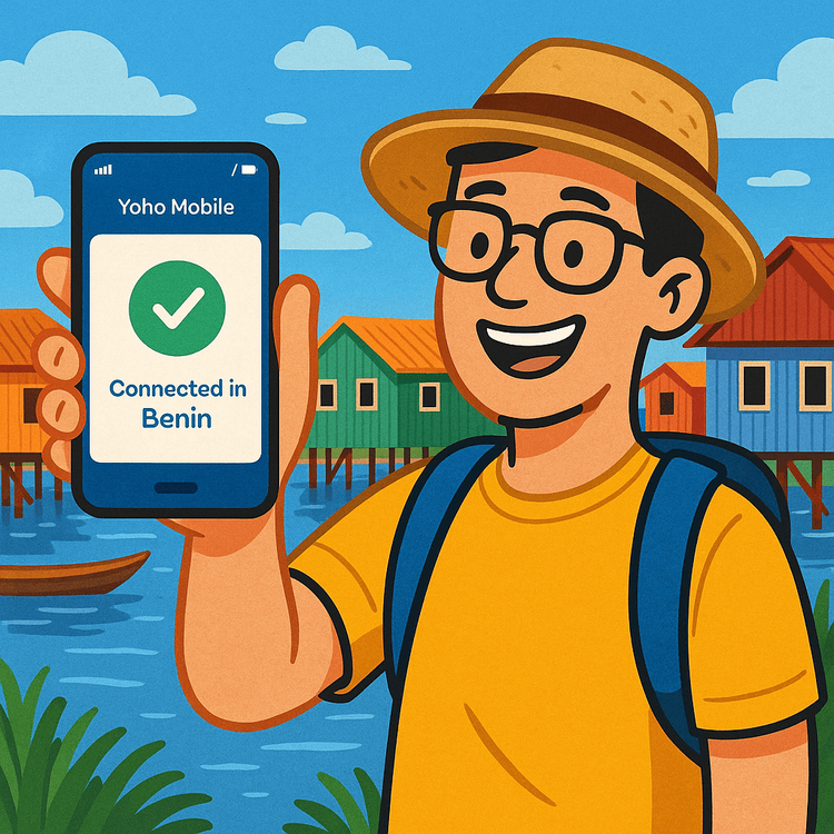Illustration of a happy traveler using a Yoho Mobile eSIM on their smartphone while visiting the Ganvié stilt village in Benin.